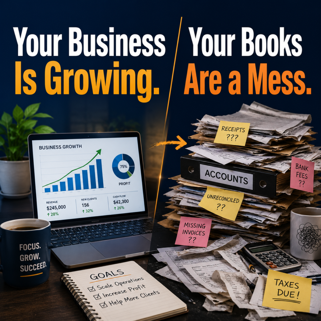 Small business owner reviewing bookkeeping and financial records