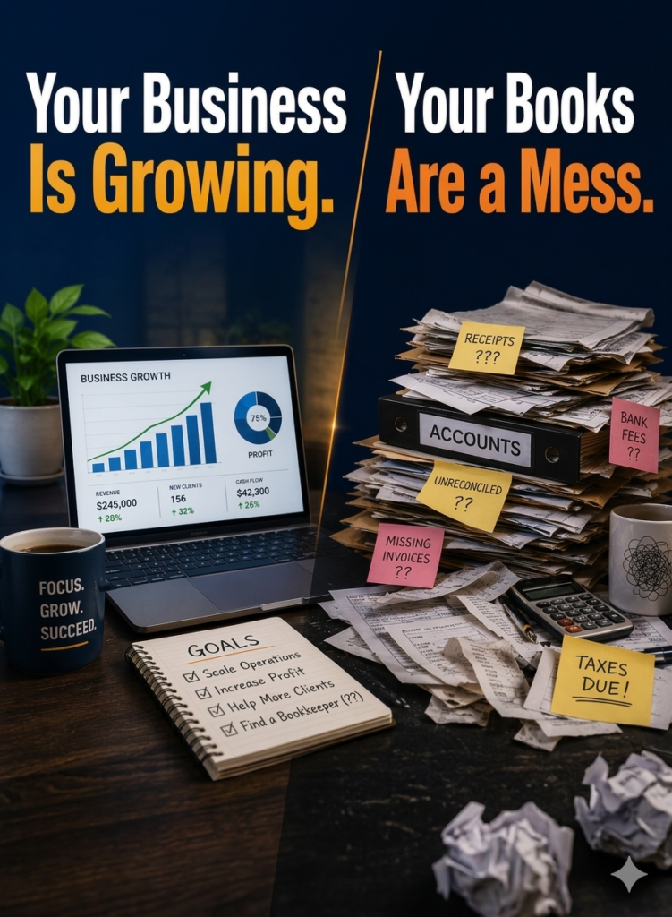 Small business owner reviewing bookkeeping and financial records